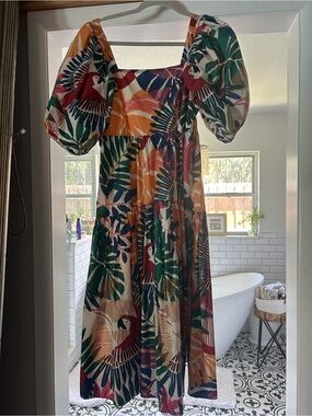 Farm Rio Colorful Tropical Parrot Print Puff-Sleeve Midi Dress